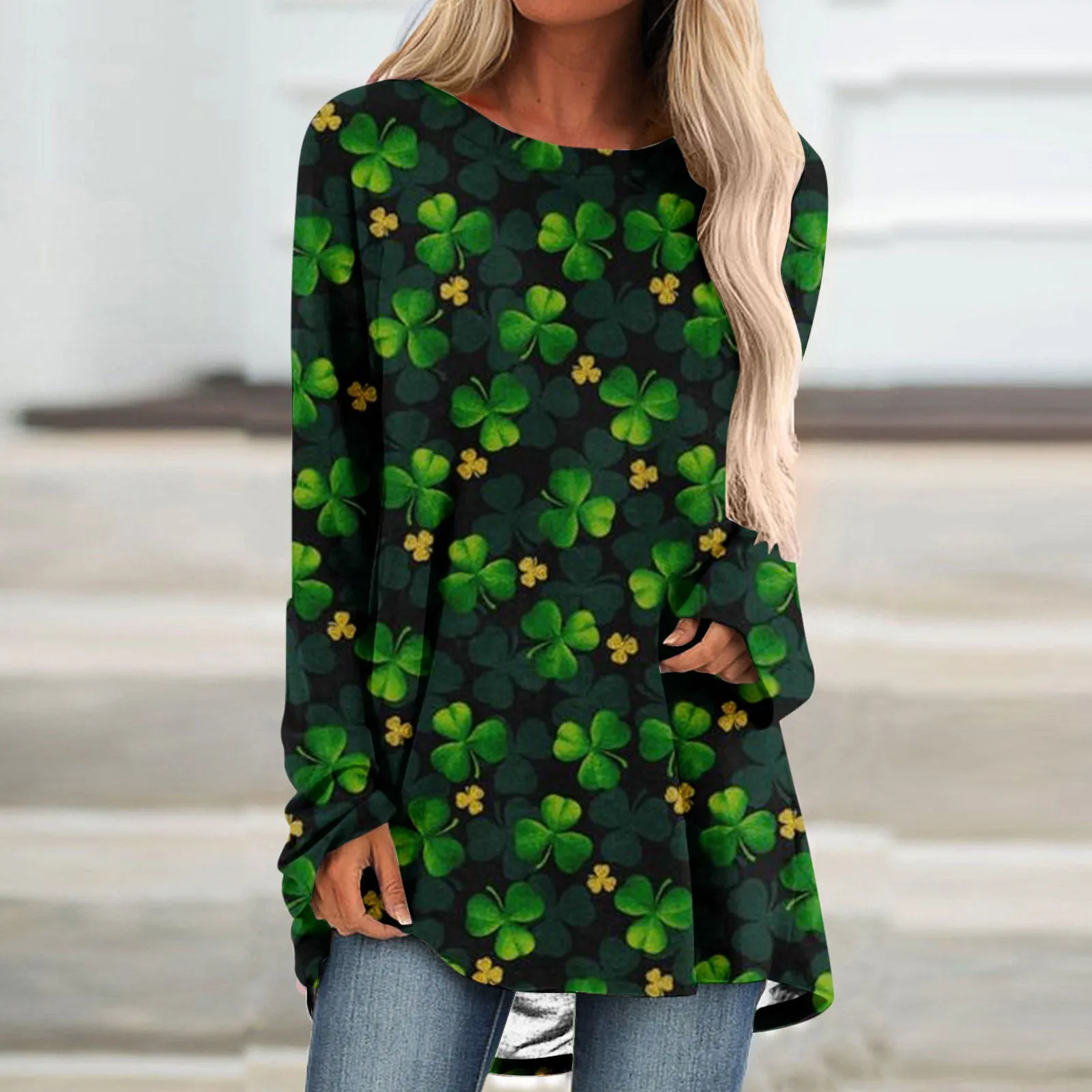 Womens Shamrock Casual Crewneck Long Sleeve Long Tunics Tops