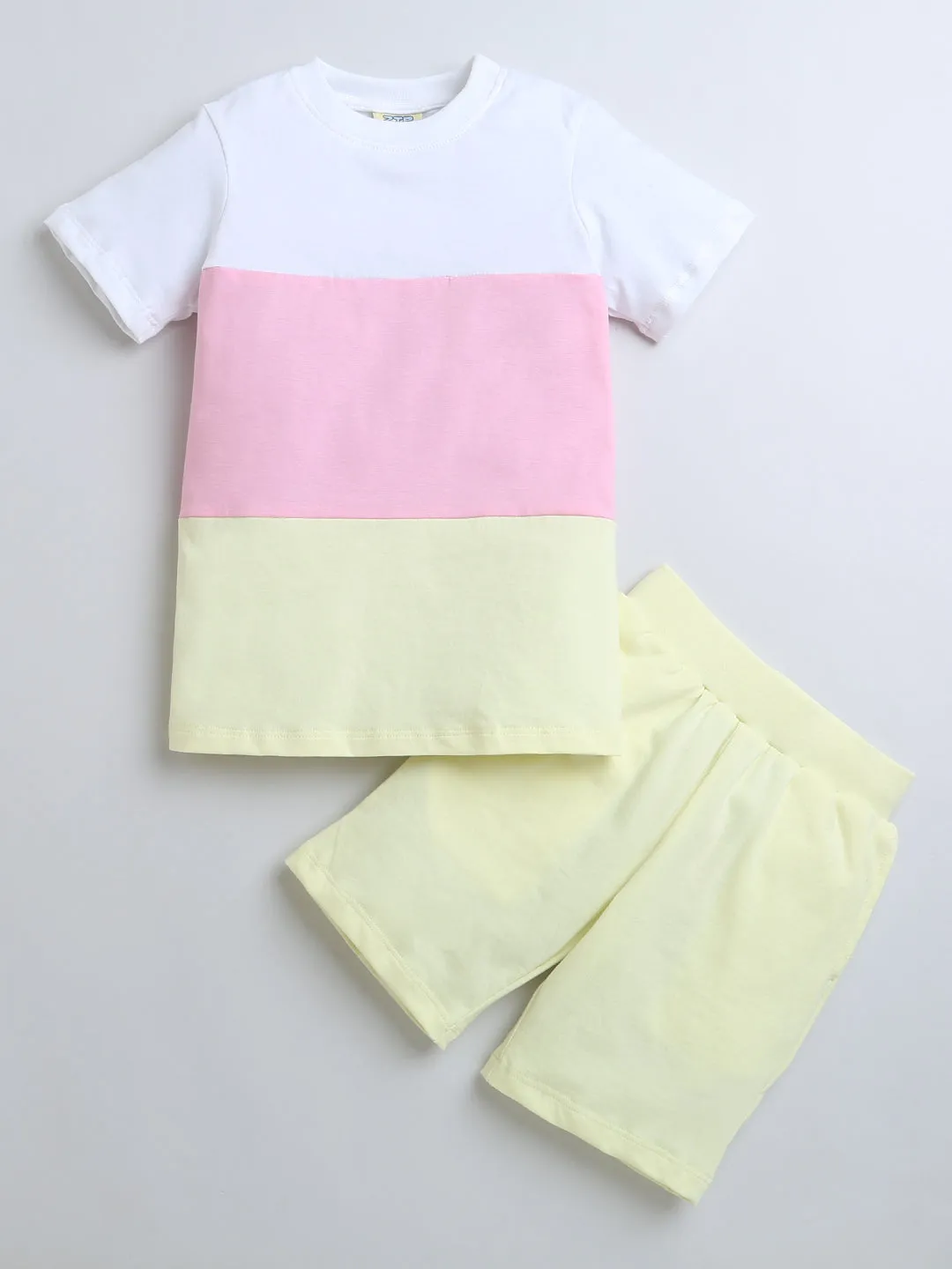 Yellow Pink White Color Block Half Sleeve T-shirt & Shorts Boys Co-ord Set